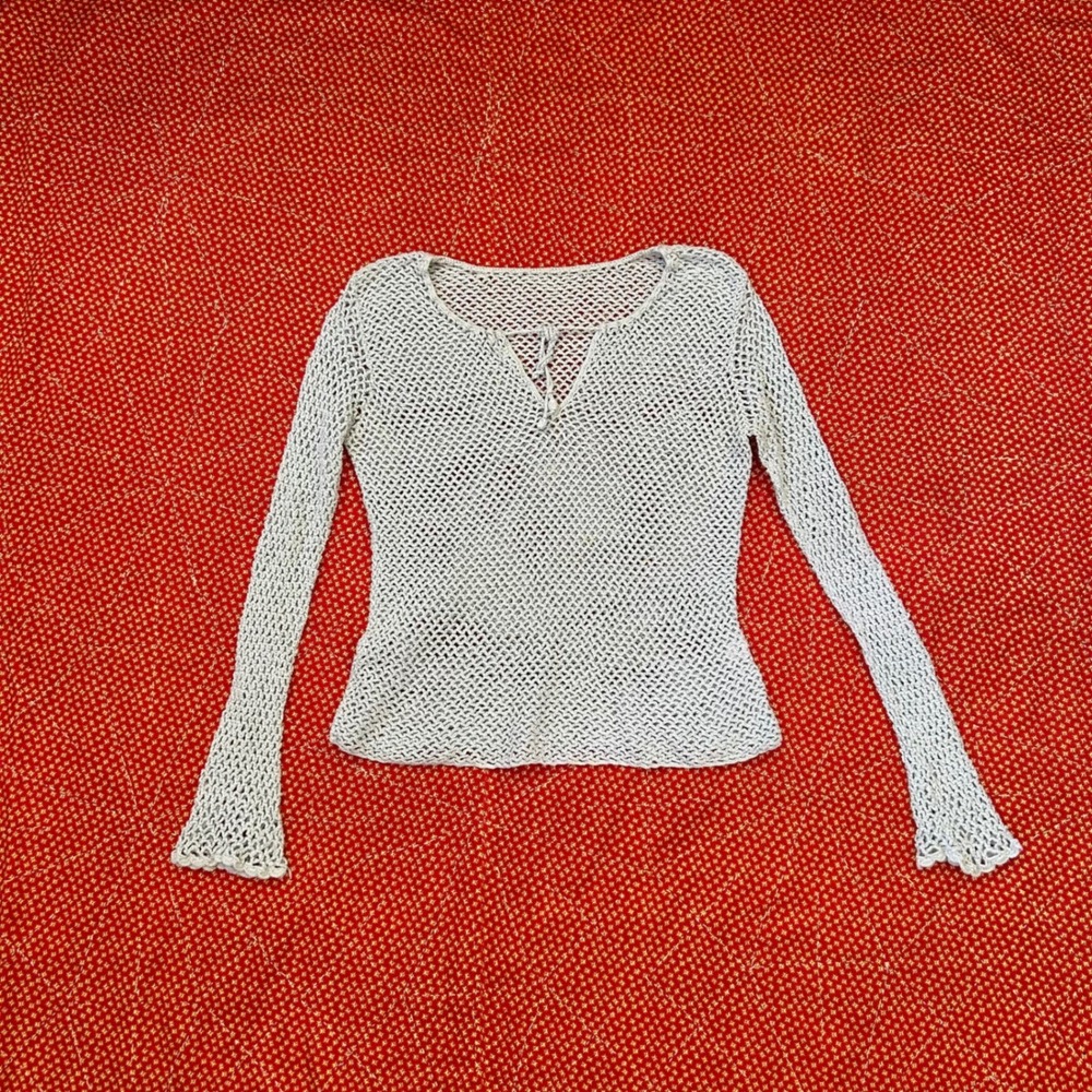 Vintage 90s Crochet Knit Long Sleeve Top Blue Open Weave Tie Front Boho Coquette